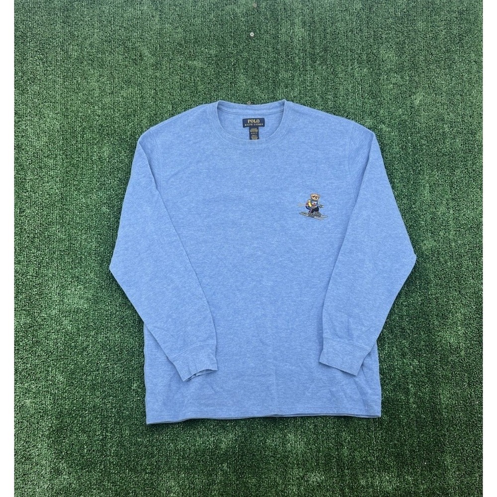 Polo Ralph Lauren Bear Waffle Knit Thermal Shirt Men's XL Blue Long Sleeve EUC